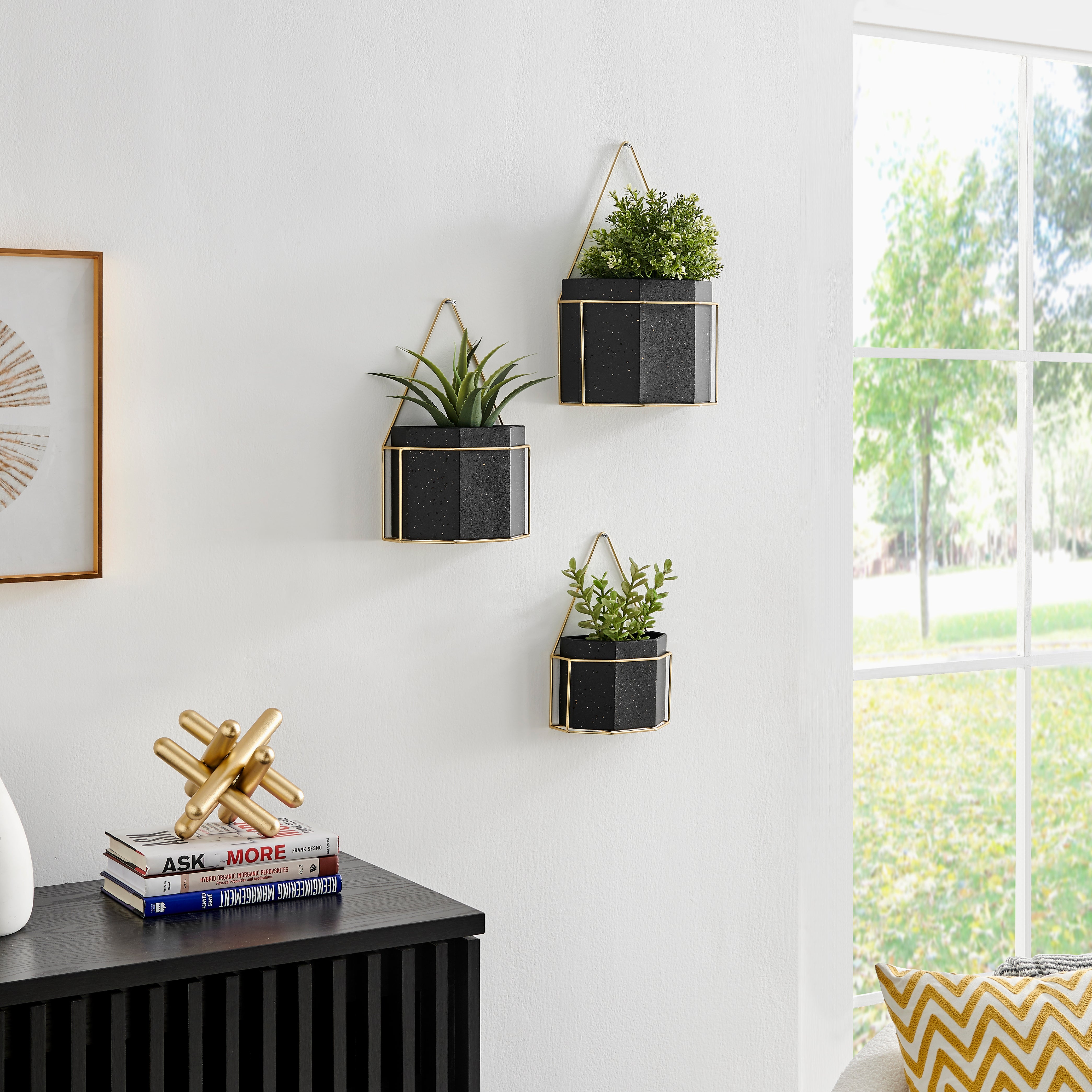 metal tree wall planter with pots Danya B. Geometric White and Gold Wall Planters Set of 3