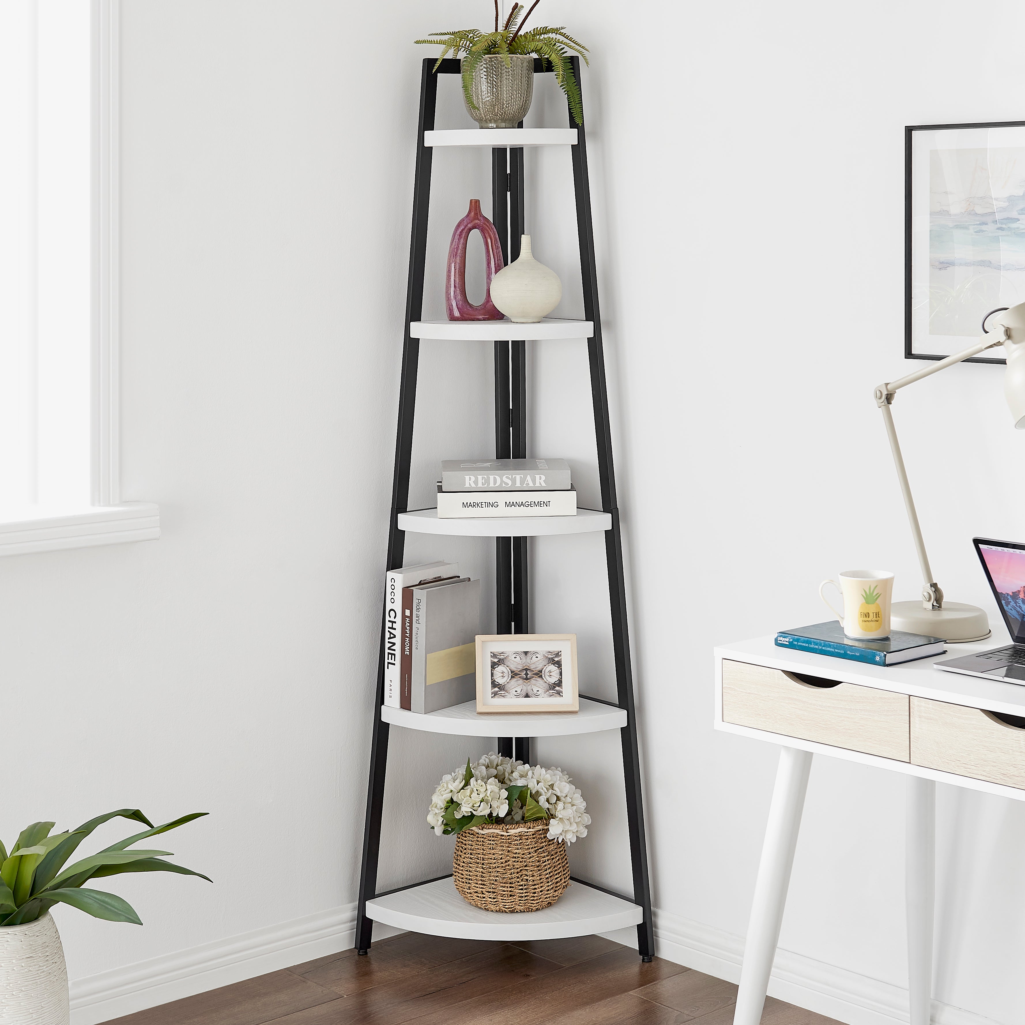 Free-Standing 5-Tier Pyramid Corner Shelf with Metal Frame – Danya B.