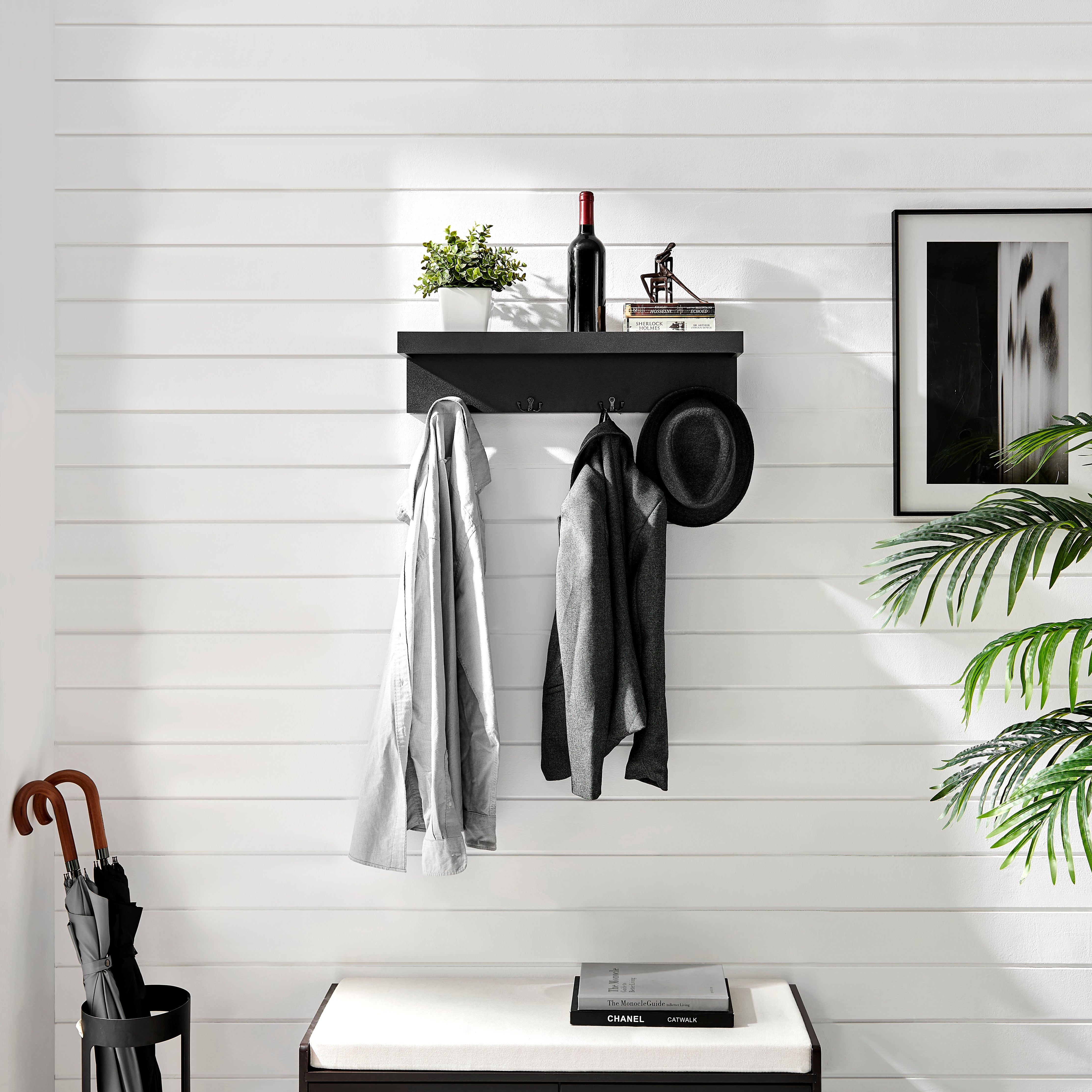 Danya B 29 in. 2-Tier Black Ledge Wall Shelf Entryway or Bathroom Organizer with Five Hanging Coat or Towel Hooks