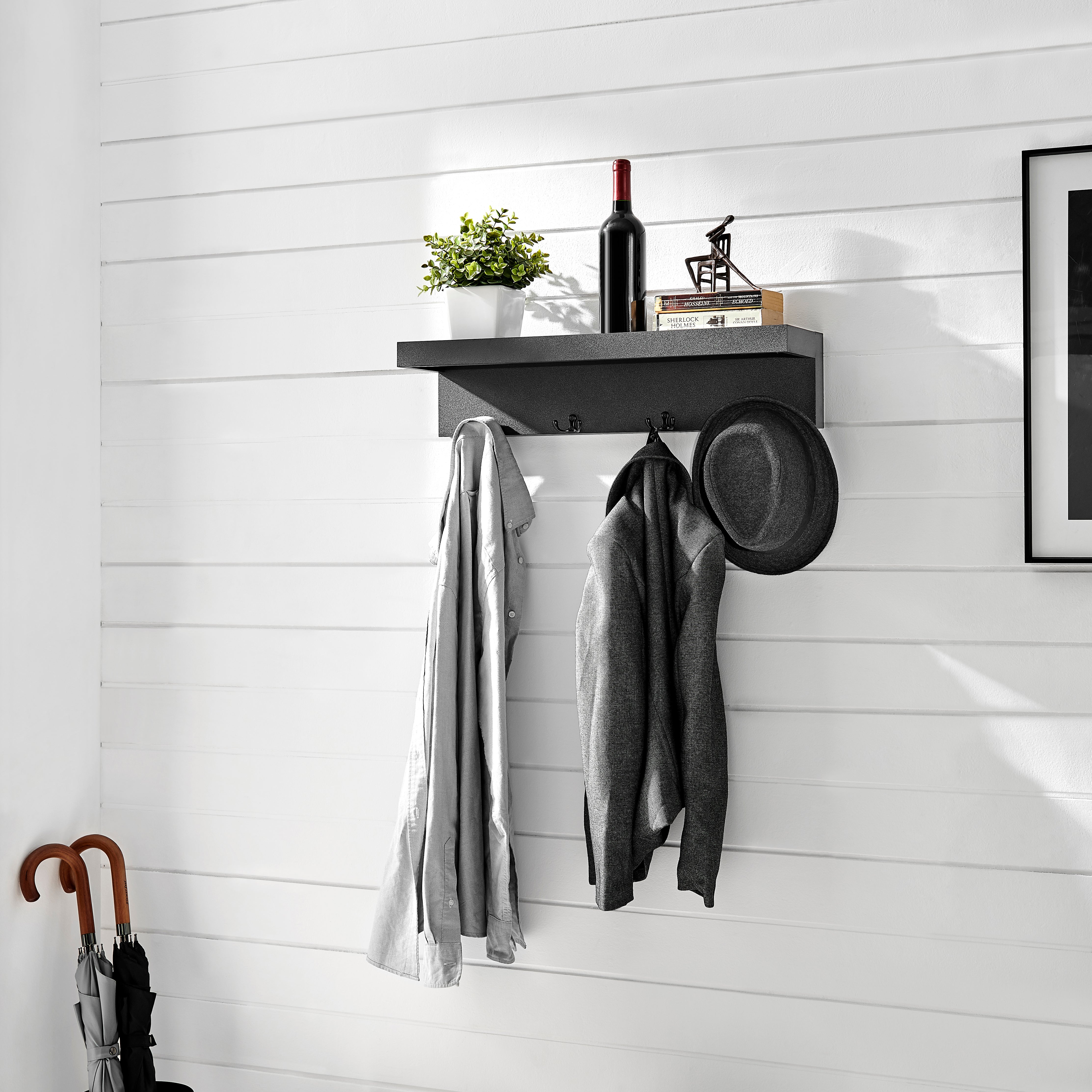 Danya B. Entryway Wall Coat Rack with Decorative Ledge Shelf and Hooks - White