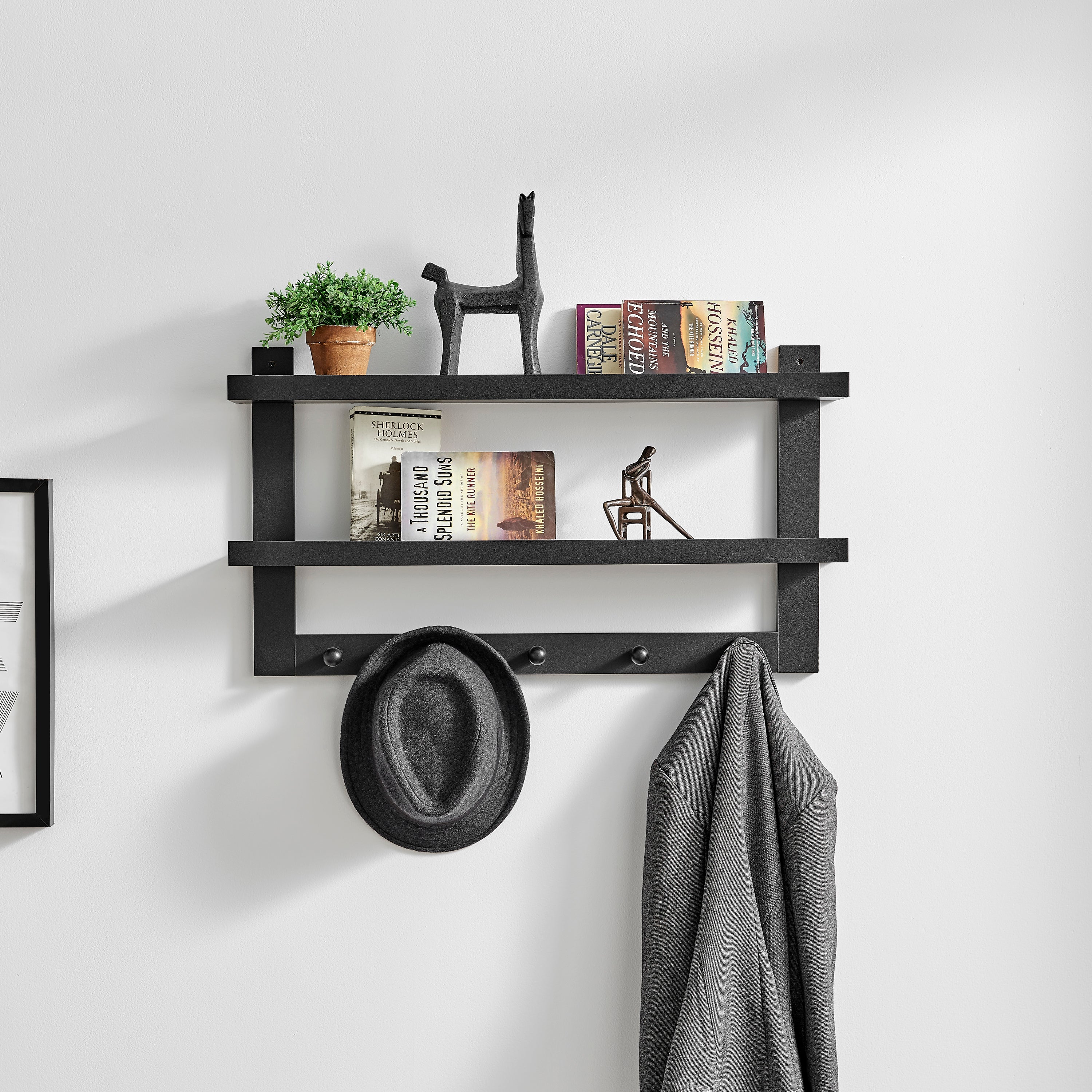 Danya B. 2-Tier Ledge Wall Shelf Organizer with Five Hanging Coat or Towel  Hooks - Entryway or Bathroom - White 