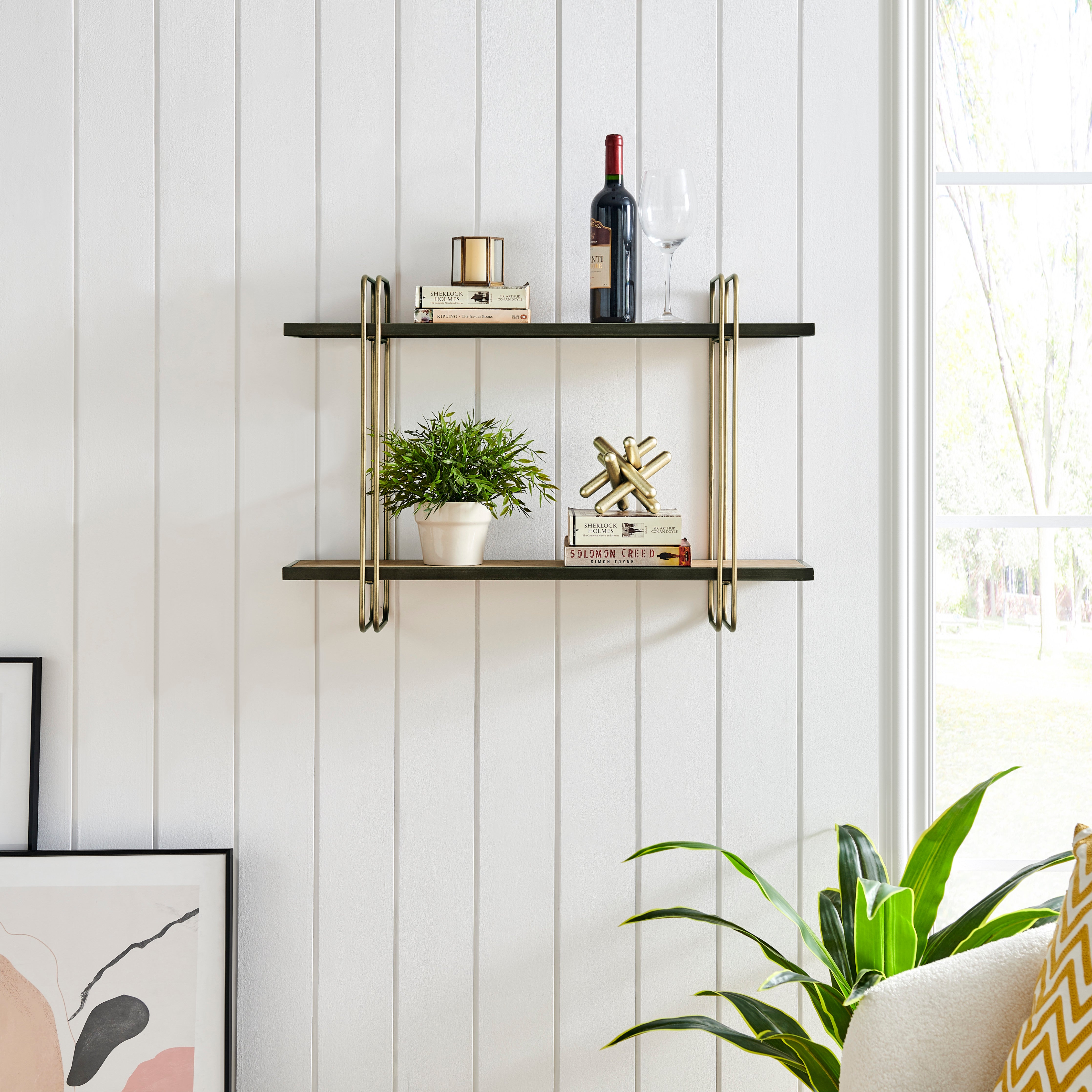 Danya B. Modern 2-Tier Hanging Bracket Wall Shelves in Black Metal and White Birch Finish