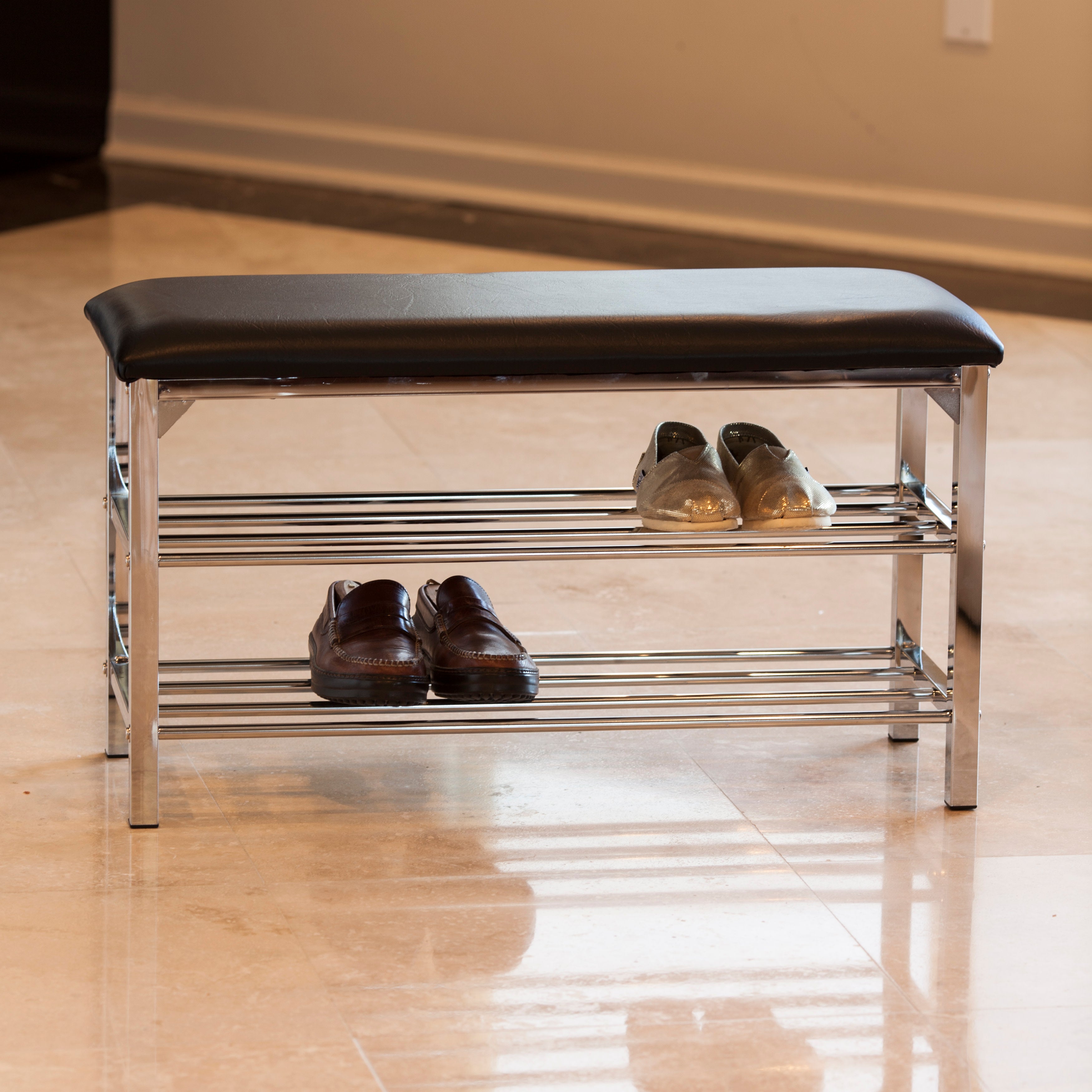 Chrome – Entryway Frame Leatherette Bench Black with Danya Storage
