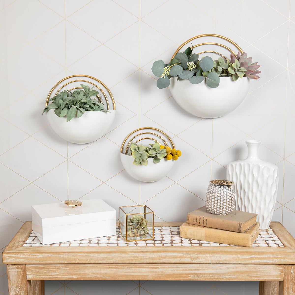 Crescent 3-Piece Metal Wall Planter Set - White With Gold Detail – Danya B.