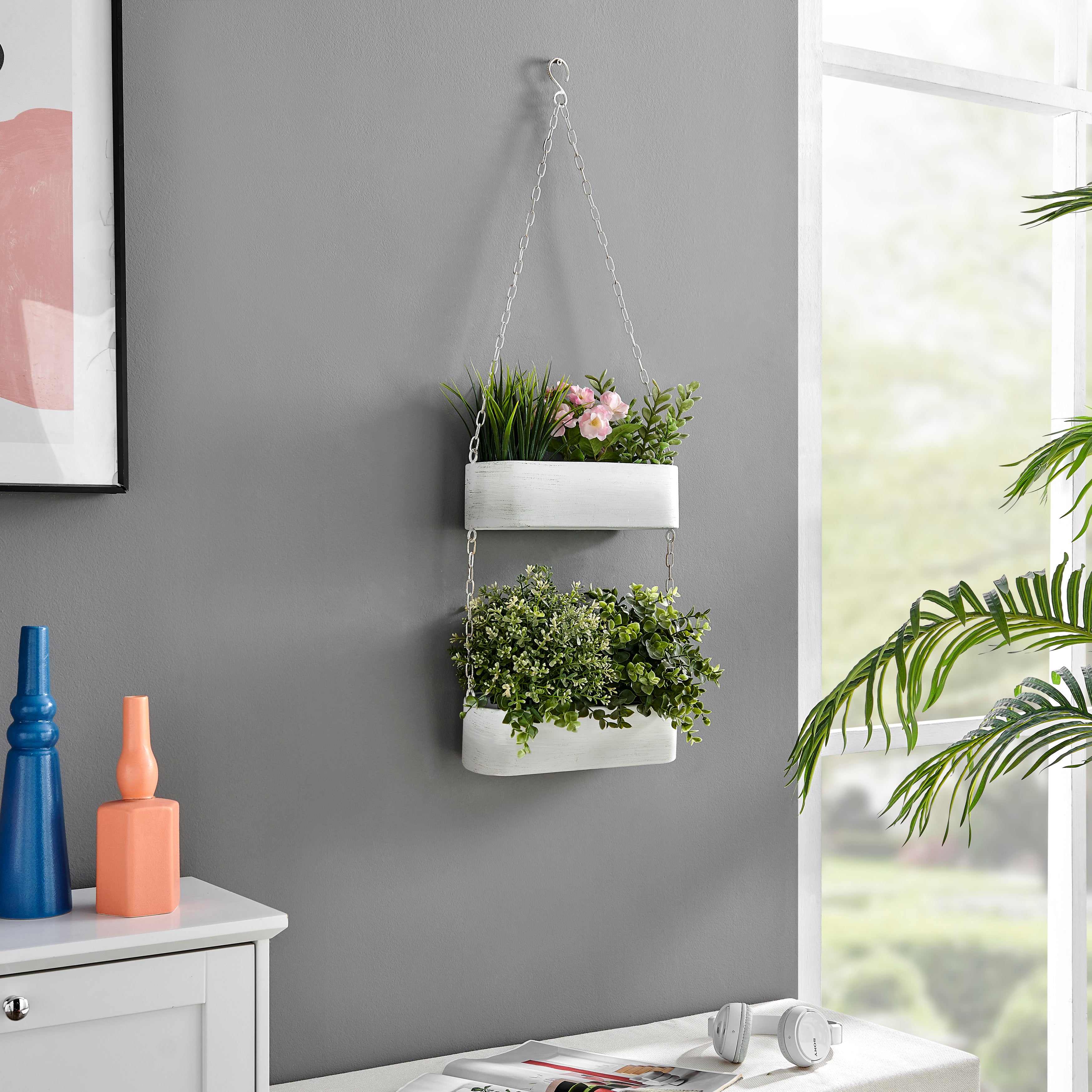 wilcoxen enamel pot metal wall planter Danya B Two-Tier Hanging Metal Trough Wall Planter