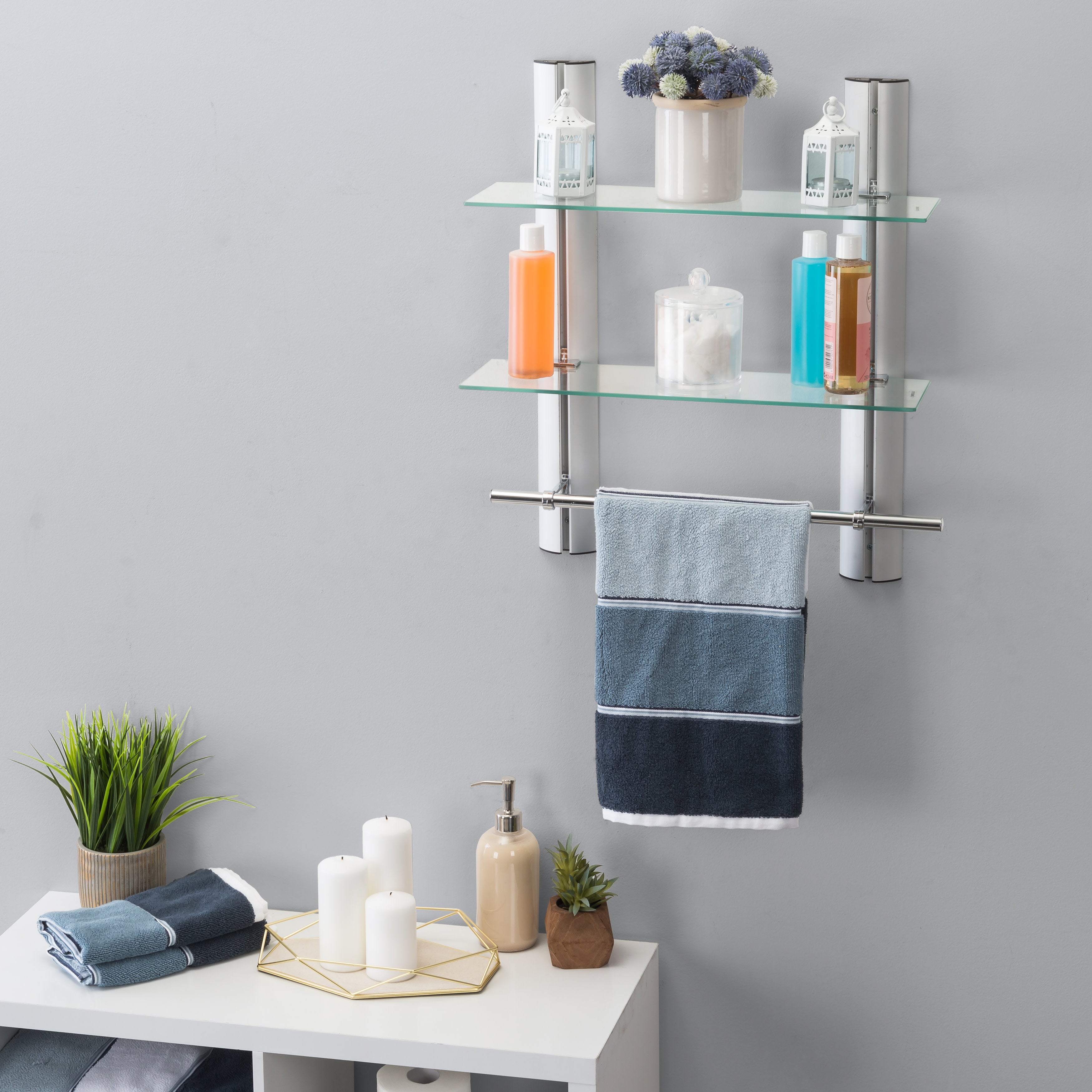 Bathroom Wall Shelf with Towel Bar Glass Bathroom Floating Shelves