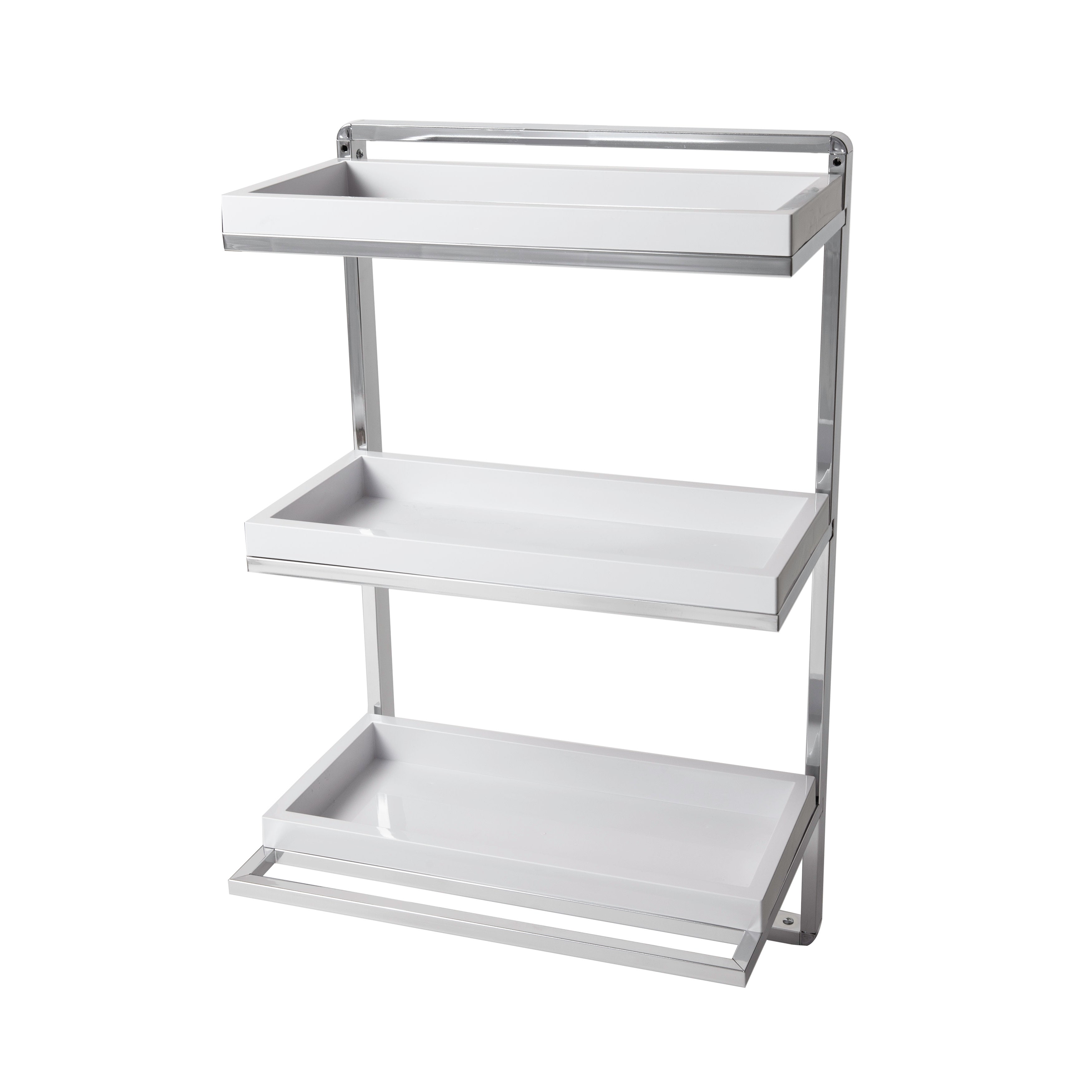 Danya B. Wall Mount 2-Tier Chrome Shelving Unit with Towel Rack and Trays - White