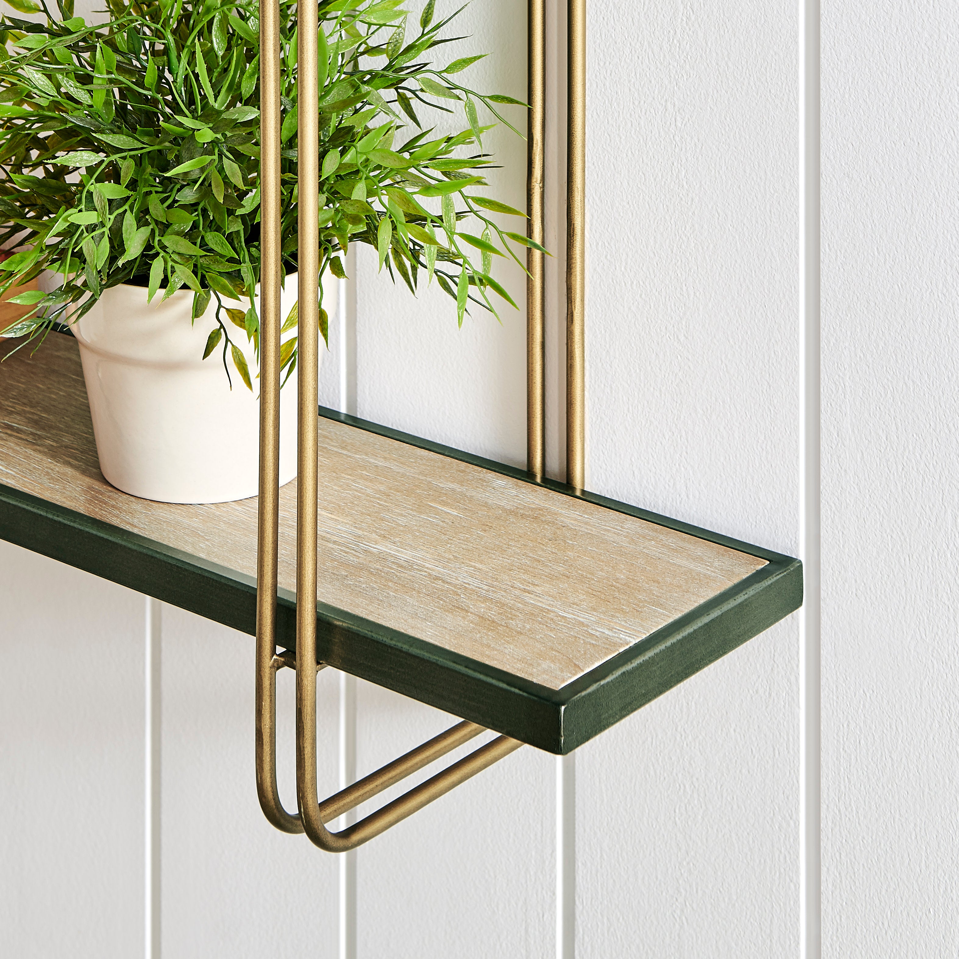 hanging plant wall shelf Danya B. Two-Tier Warm Gold and Washed Oak Brown Metal Hanging Bracket Wall Mounted Shelf