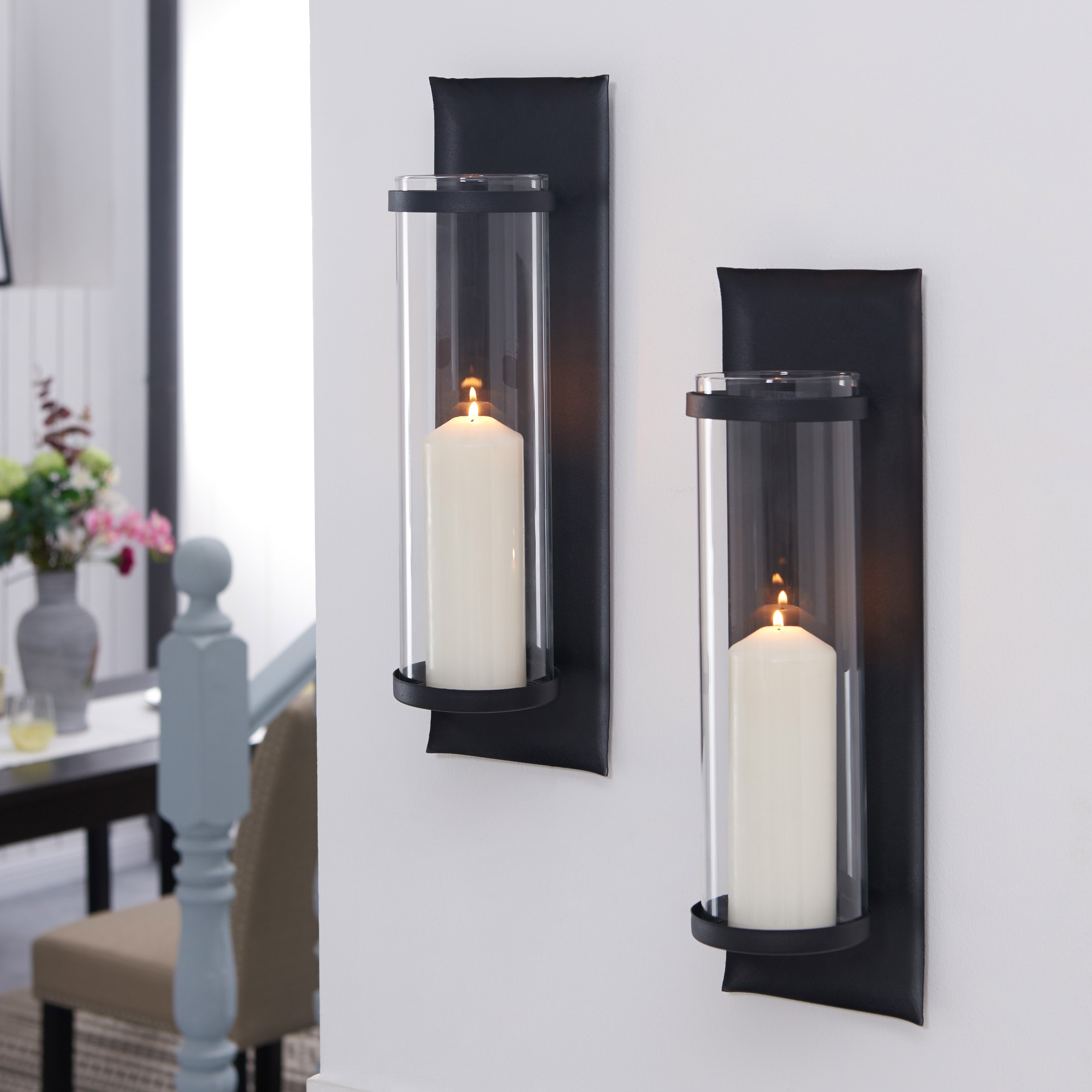 Metal Pillar Candle Sconces with Glass Inserts A Wrought Iron Rectangle  Wall Accent (Set of 2)