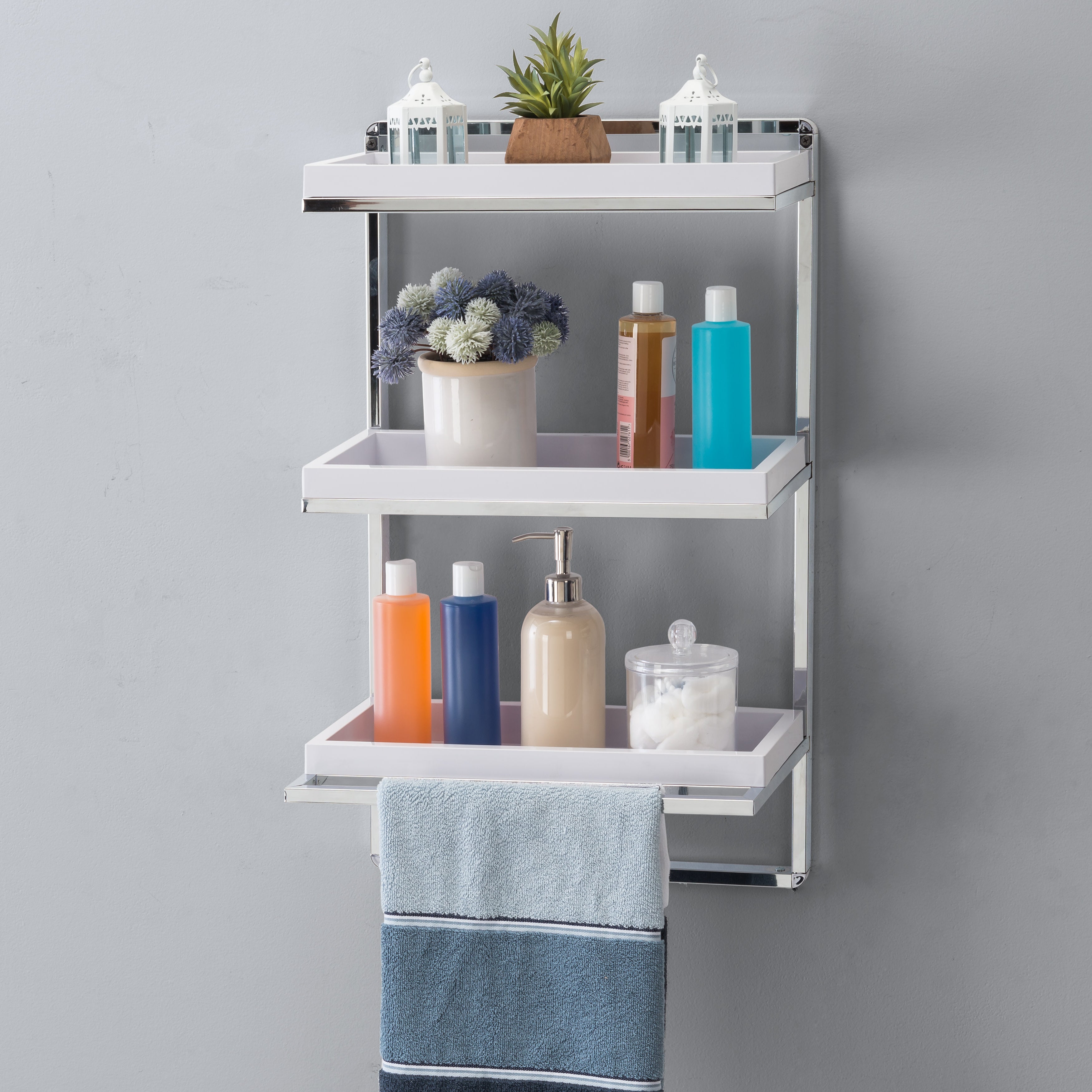 Wall Mount 3-Tier White and Chrome Bathroom Shelf with Towel Bar and R –  Danya B.